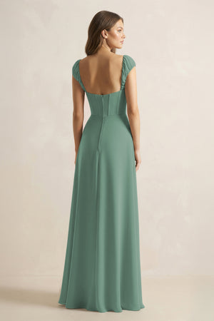 Sweetheart Corset A-Line Chiffon Bridesmaid Dress in Sea Glass (2) | KISSBRIDAL