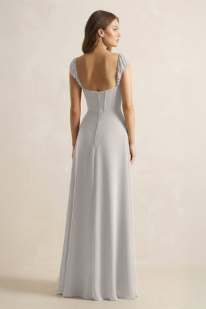 Sweetheart Corset A - Line Chiffon Bridesmaid Dress in Silver - SHE IS ME Bridesmaid Dresses