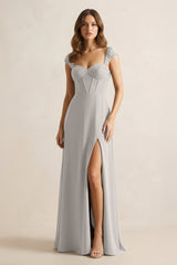 Sweetheart Corset A - Line Chiffon Bridesmaid Dress in Silver - KISS BRIDAL Bridesmaid Dresses