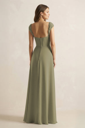 Sweetheart Corset A-Line Chiffon Bridesmaid Dress in Thyme (2) | KISSBRIDAL