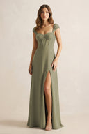 Sweetheart Corset A-Line Chiffon Bridesmaid Dress in Thyme | KISSBRIDAL