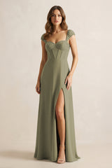 Sweetheart Corset A-Line Chiffon Bridesmaid Dress in Thyme | KISSBRIDAL