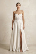 Sweetheart Corset Lace A - Line Satin Wedding Dress With Slit in White - SHE IS ME Wedding Dresses