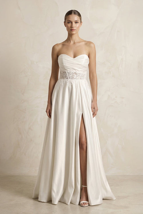 Sweetheart Corset Lace A - Line Satin Wedding Dress With Slit in White - SHE IS ME Wedding Dresses