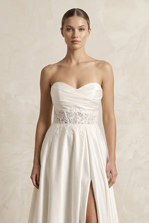 Sweetheart Corset Lace A - Line Satin Wedding Dress With Slit in White - SHE IS ME Wedding Dresses