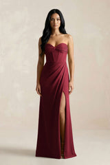 Sweetheart Corset Ruched Bridesmaid Dress in Burgundy - KISS BRIDAL Bridesmaid Dresses