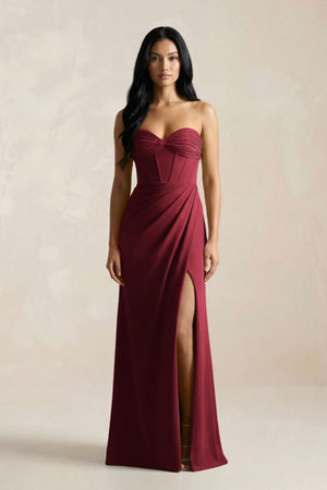 Sweetheart Corset Ruched Bridesmaid Dress in Burgundy - KISS BRIDAL Bridesmaid Dresses