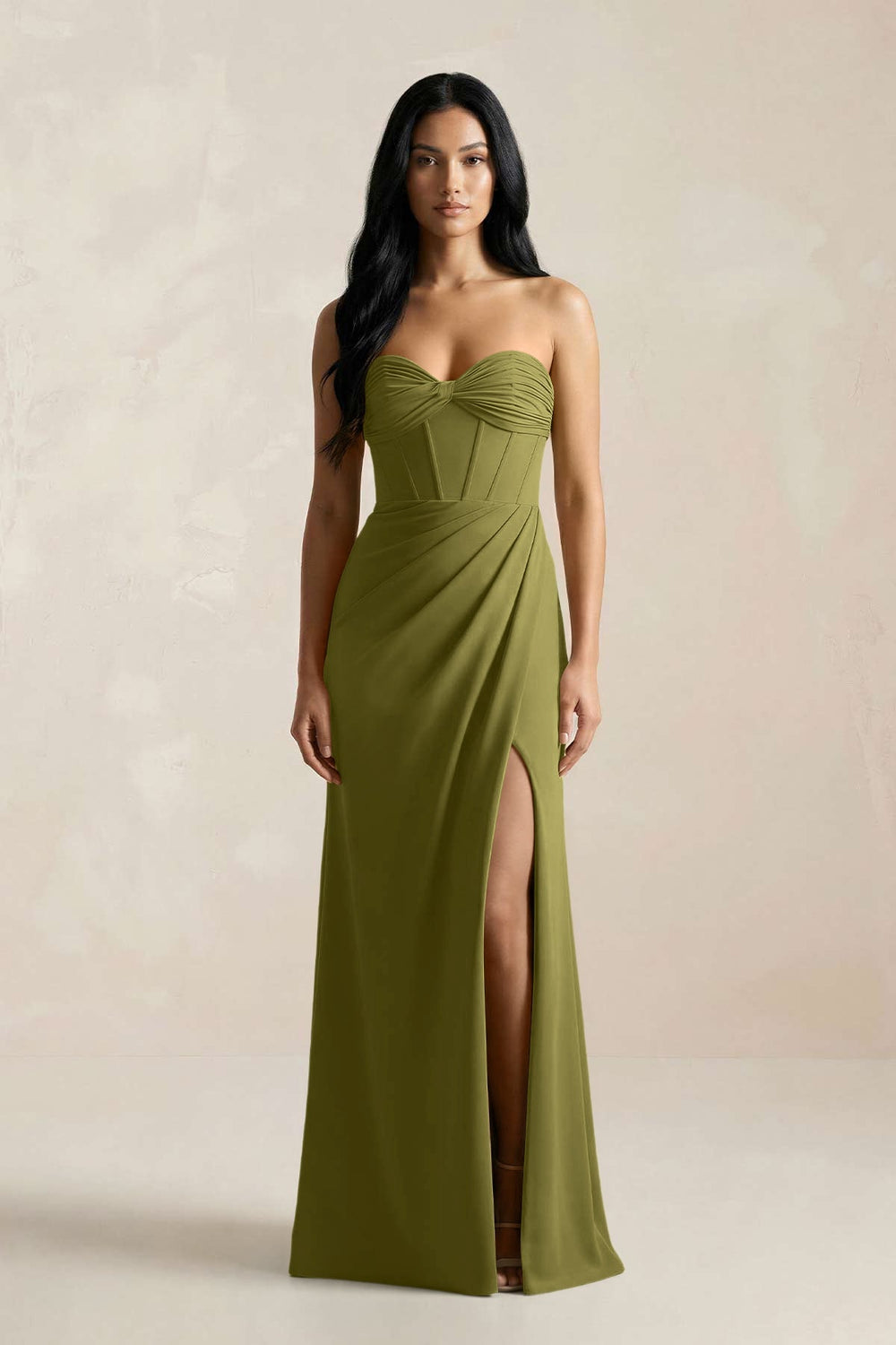 Sweetheart Corset Ruched Bridesmaid Dress in Moss Green - KISS BRIDAL Bridesmaid Dresses