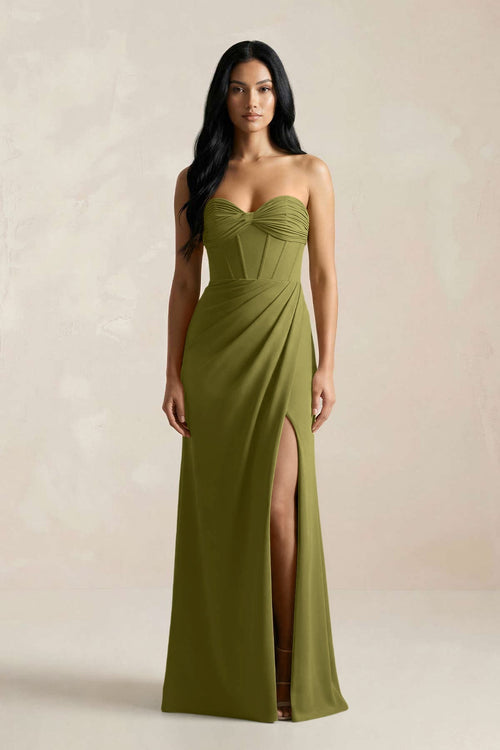 Sweetheart Corset Ruched Bridesmaid Dress in Moss Green - KISS BRIDAL Bridesmaid Dresses