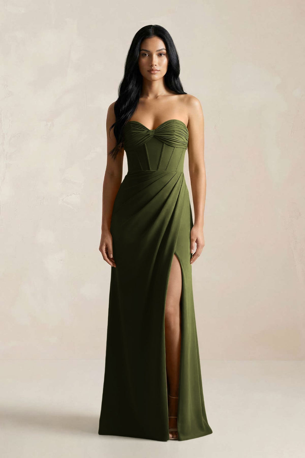 Sweetheart Corset Ruched Bridesmaid Dress in Olive - KISS BRIDAL Bridesmaid Dresses