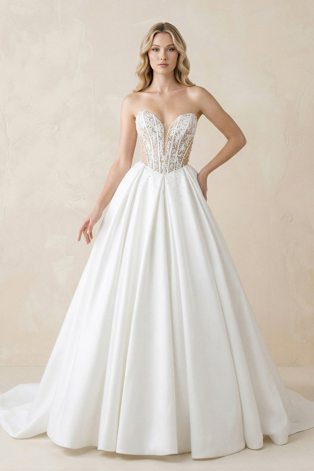 Sweetheart Corset Satin Ball Gown Wedding Dress in White - KISS BRIDAL Wedding Dresses