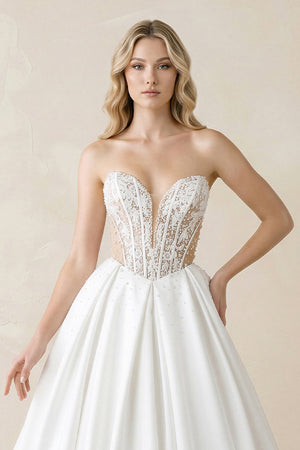 Sweetheart Corset Satin Ball Gown Wedding Dress in White - SHE IS ME Wedding Dresses