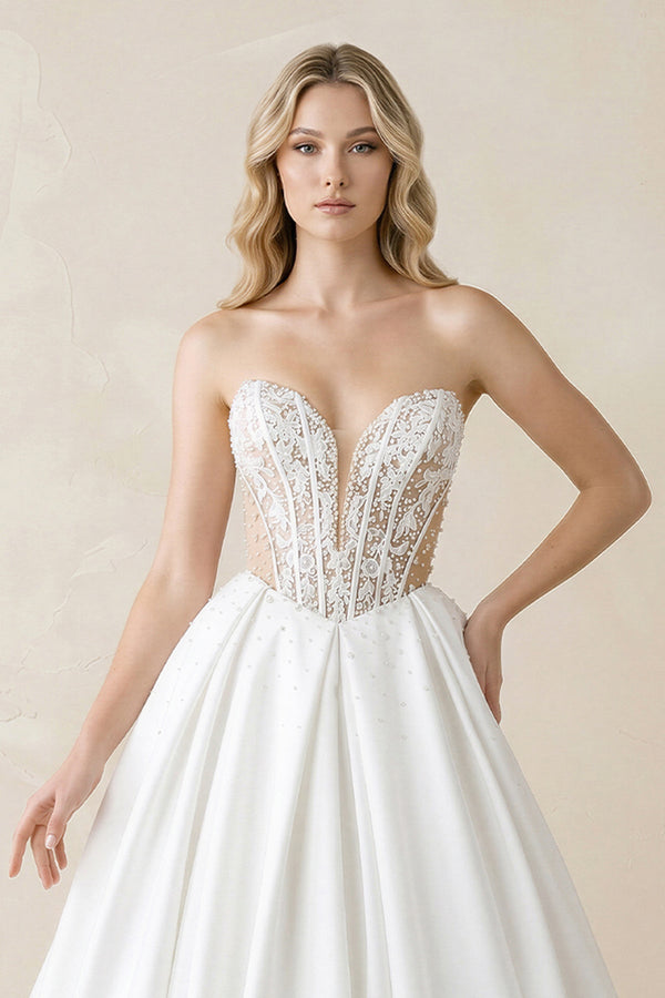 Sweetheart Corset Satin Ball Gown Wedding Dress in White - SHE IS ME Wedding Dresses