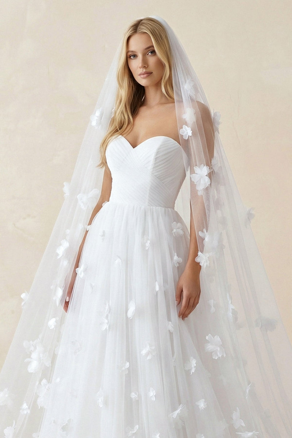 Sweetheart Flower Tulle A - Line Wedding Dress in White - KISS BRIDAL Wedding Dresses