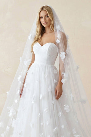 Sweetheart Flower Tulle A - Line Wedding Dress in White - SHE IS ME Wedding Dresses