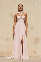 Sweetheart Gown With Slit in Blush Pink - KISS BRIDAL PROM DRESSES