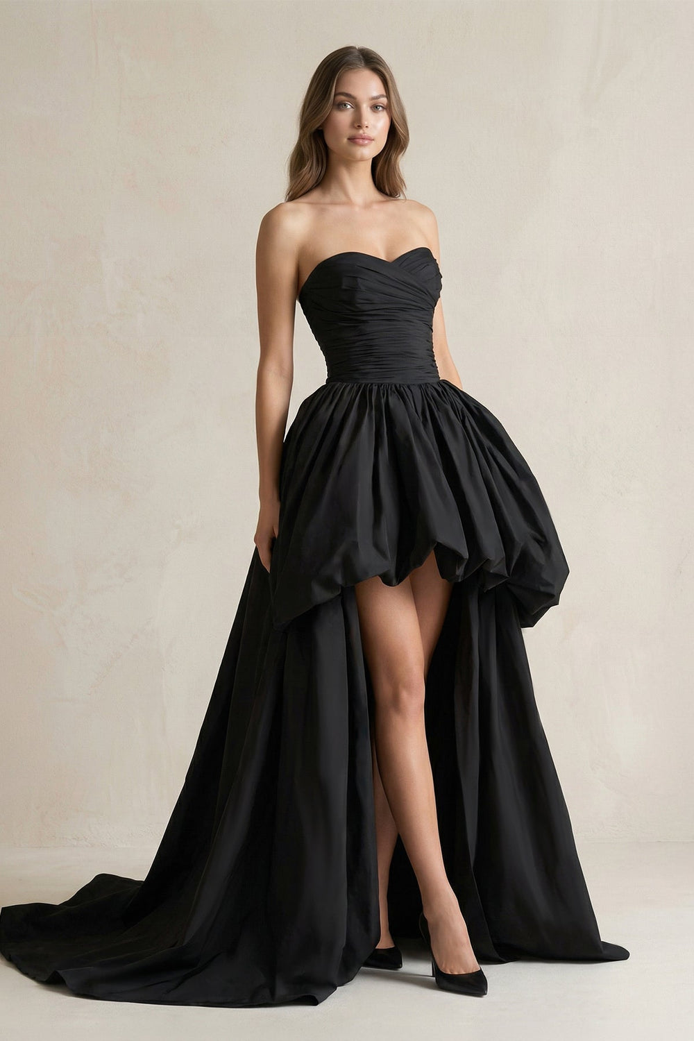 Sweetheart High - Low Satin Pleated Wedding Dress in Black - KISS BRIDAL Wedding Dresses