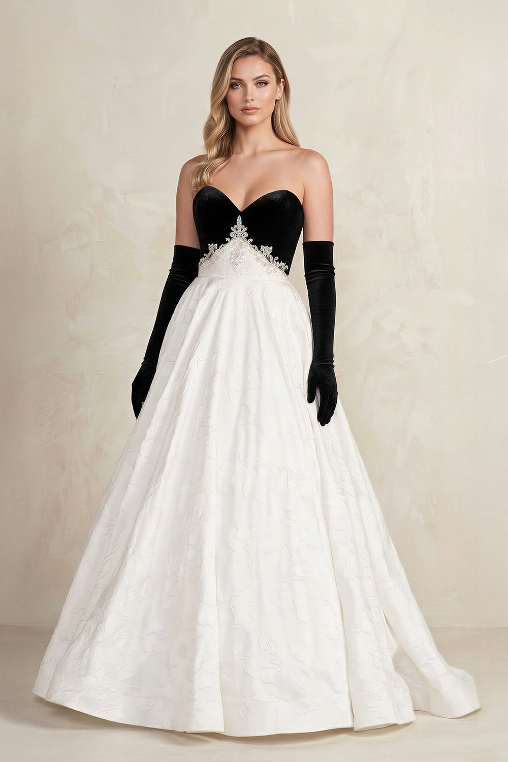 Sweetheart Jacquard Ball Gown Wedding Dress with Sleeves in Black and White - KISS BRIDAL Wedding Dresses