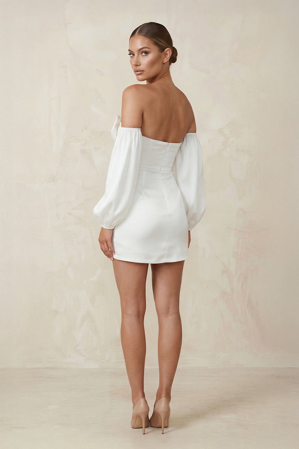 Sweetheart Keyhole Satin Sheath Mini Wedding Dress With Sleeves in White - KISS BRIDAL Wedding Dresses