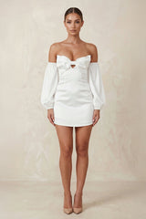 Sweetheart Keyhole Satin Sheath Mini Wedding Dress With Sleeves in White - KISS BRIDAL Wedding Dresses