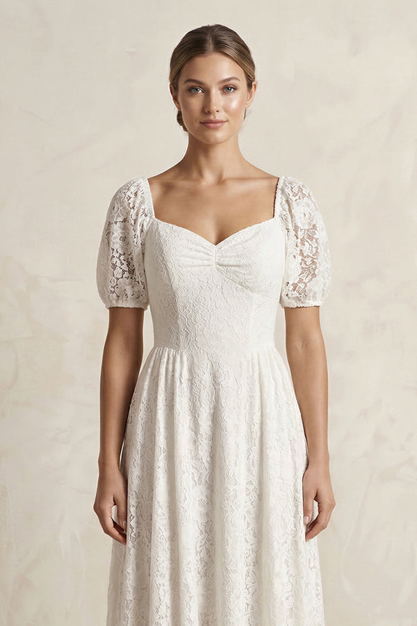 Sweetheart Lace A - Line Short Sleeve Wedding Dress in Ivory - SHE IS ME Wedding Dresses