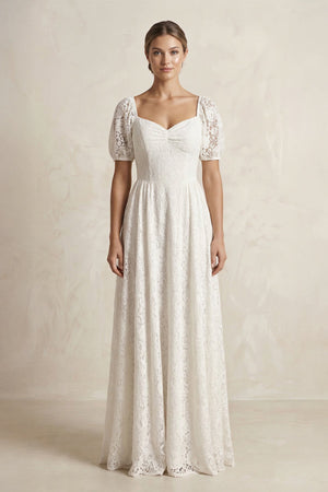 Sweetheart Lace A - Line Short Sleeve Wedding Dress in Ivory - SHE IS ME Wedding Dresses