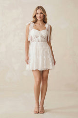 Sweetheart Lace Ruched Mini Wedding Dress With Bow in White - KISS BRIDAL Wedding Dresses