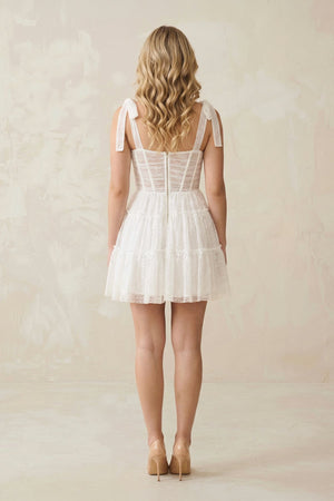 Sweetheart Lace Ruched Mini Wedding Dress With Bow in White - SHE IS ME Wedding Dresses