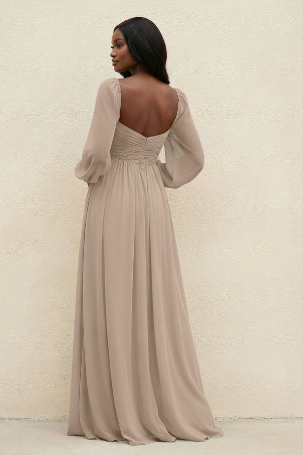 Sweetheart Long Sleeve A-Line Bridesmaid Dress in Almond (2) | KISSBRIDAL