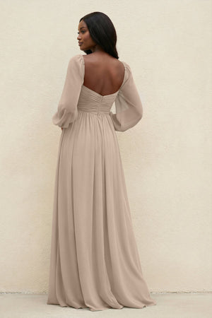 Sweetheart Long Sleeve A - Line Bridesmaid Dress in Almond - SHE IS ME Bridesmaid Dresses