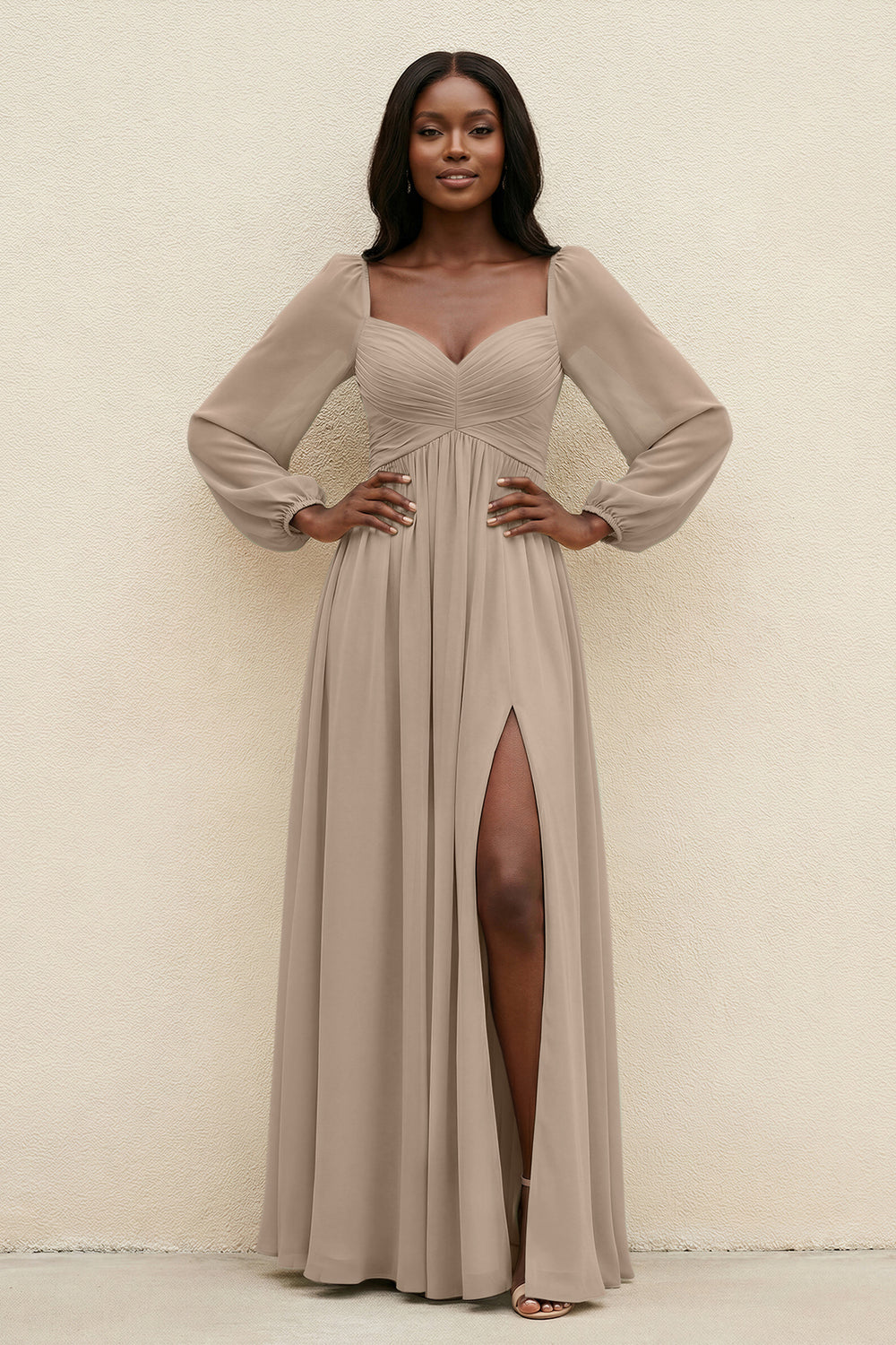 Sweetheart Long Sleeve A-Line Bridesmaid Dress in Almond