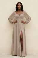 Sweetheart Long Sleeve A-Line Bridesmaid Dress in Almond | KISSBRIDAL