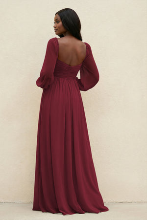 Sweetheart Long Sleeve A-Line Bridesmaid Dress in Berry (2) | KISSBRIDAL