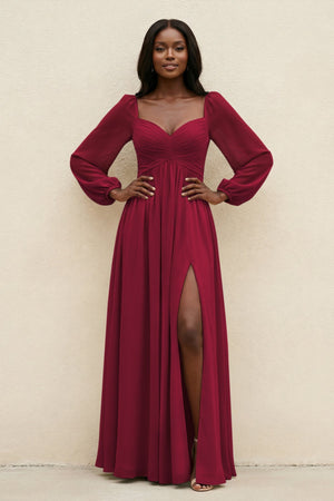 Sweetheart Long Sleeve A - Line Bridesmaid Dress in Berry - SHE IS ME Bridesmaid Dresses