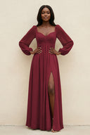 Sweetheart Long Sleeve A-Line Bridesmaid Dress in Berry | KISSBRIDAL