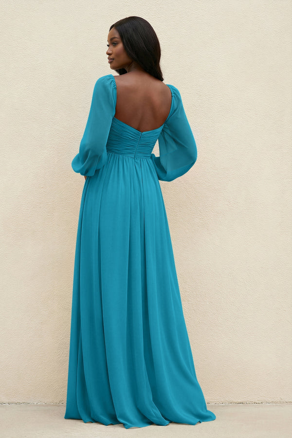 Sweetheart Long Sleeve A - Line Bridesmaid Dress in Blue Jay - SHE IS ME Bridesmaid Dresses
