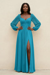 Sweetheart Long Sleeve A - Line Bridesmaid Dress in Blue Jay - KISS BRIDAL Bridesmaid Dresses