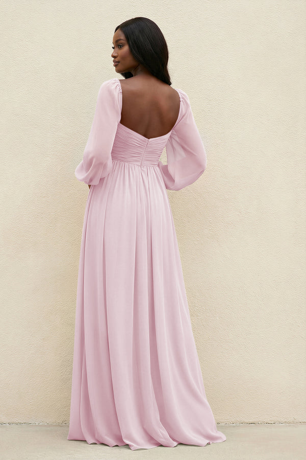 Sweetheart Long Sleeve A-Line Bridesmaid Dress in Candy Pink (2) | KISSBRIDAL