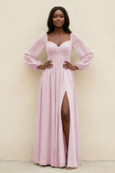 Sweetheart Long Sleeve A-Line Bridesmaid Dress in Candy Pink | KISSBRIDAL