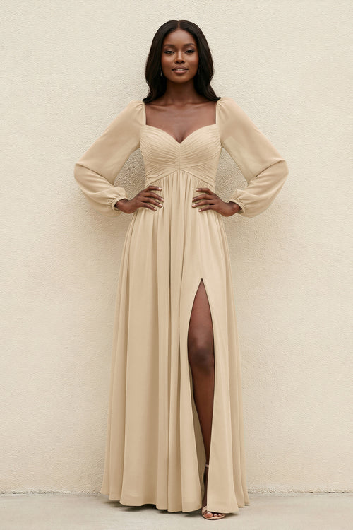 Sweetheart Long Sleeve A-Line Bridesmaid Dress in Champagne | KISSBRIDAL