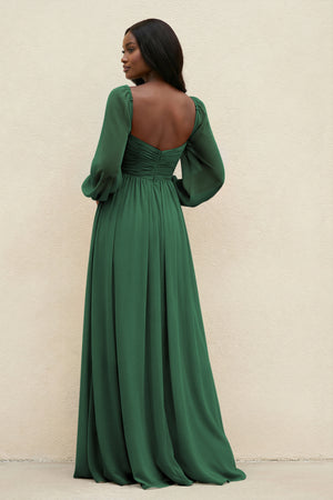 Sweetheart Long Sleeve A-Line Bridesmaid Dress in Dark Green (2) | KISSBRIDAL