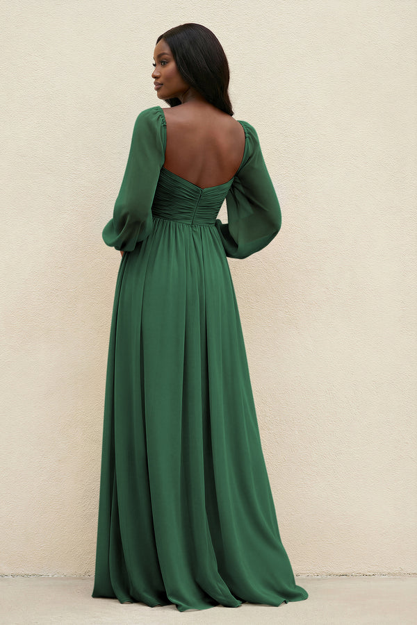 Sweetheart Long Sleeve A-Line Bridesmaid Dress in Dark Green (2) | KISSBRIDAL