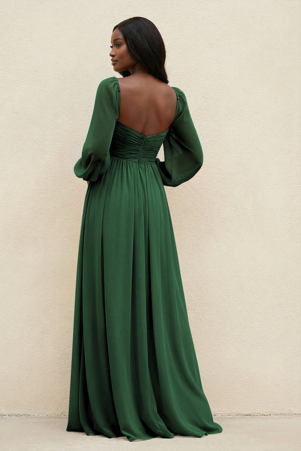 Sweetheart Long Sleeve A - Line Bridesmaid Dress in Dark Green - SHE IS ME Bridesmaid Dresses