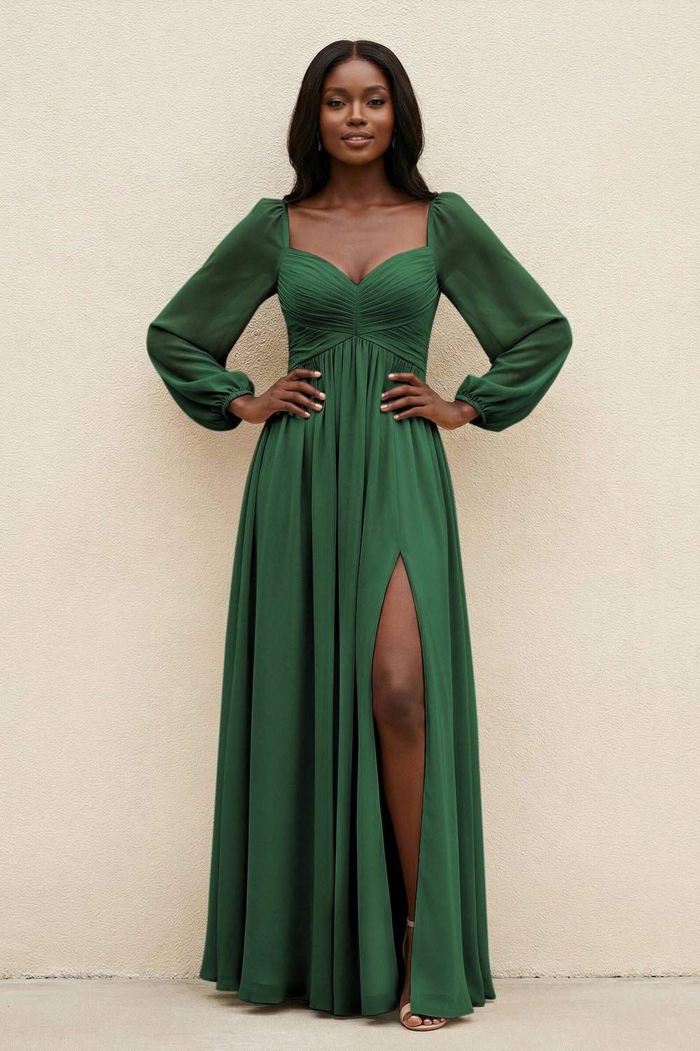 Sweetheart Long Sleeve A - Line Bridesmaid Dress in Dark Green - KISS BRIDAL Bridesmaid Dresses