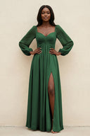 Sweetheart Long Sleeve A - Line Bridesmaid Dress in Dark Green - SHE IS ME Bridesmaid Dresses