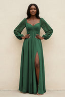 Sweetheart Long Sleeve A-Line Bridesmaid Dress in Dark Green | KISSBRIDAL