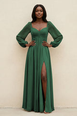 Sweetheart Long Sleeve A-Line Bridesmaid Dress in Dark Green | KISSBRIDAL