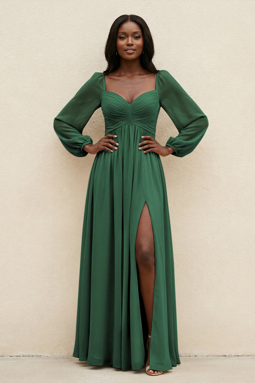 Sweetheart Long Sleeve A-Line Bridesmaid Dress in Dark Green | KISSBRIDAL