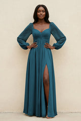 Sweetheart Long Sleeve A - Line Bridesmaid Dress in Dark Teal - KISS BRIDAL Bridesmaid Dresses