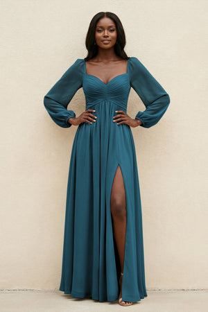 Sweetheart Long Sleeve A - Line Bridesmaid Dress in Dark Teal - SHE IS ME Bridesmaid Dresses